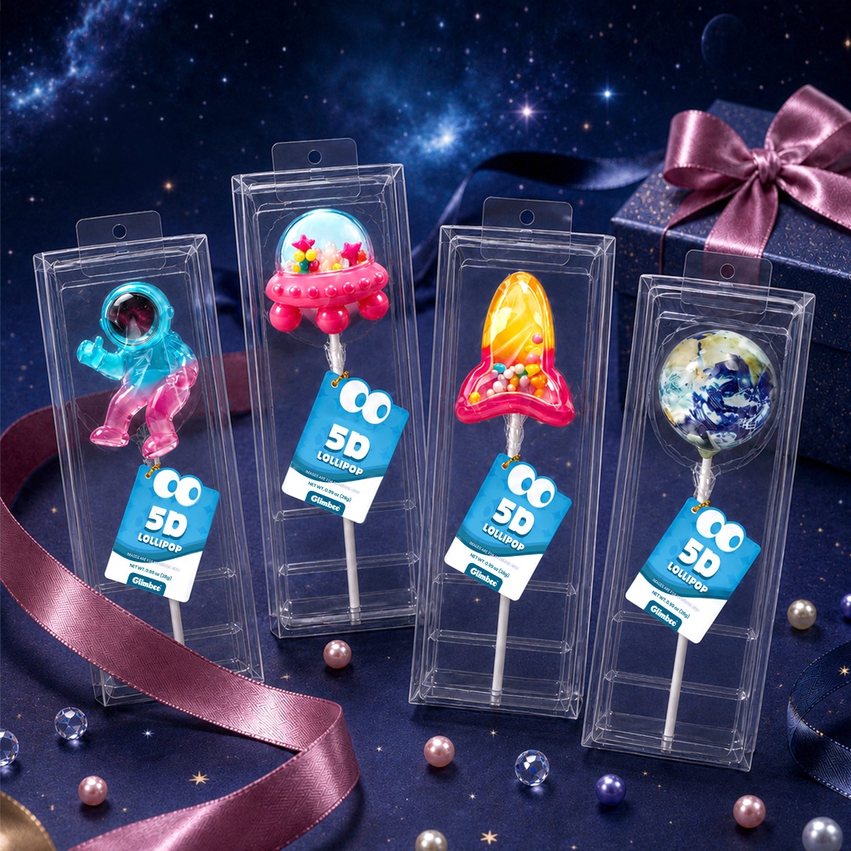 Four Glimboo Outer Space 5D lollipops displayed against a starry galaxy backdrop with a wrapped gift.