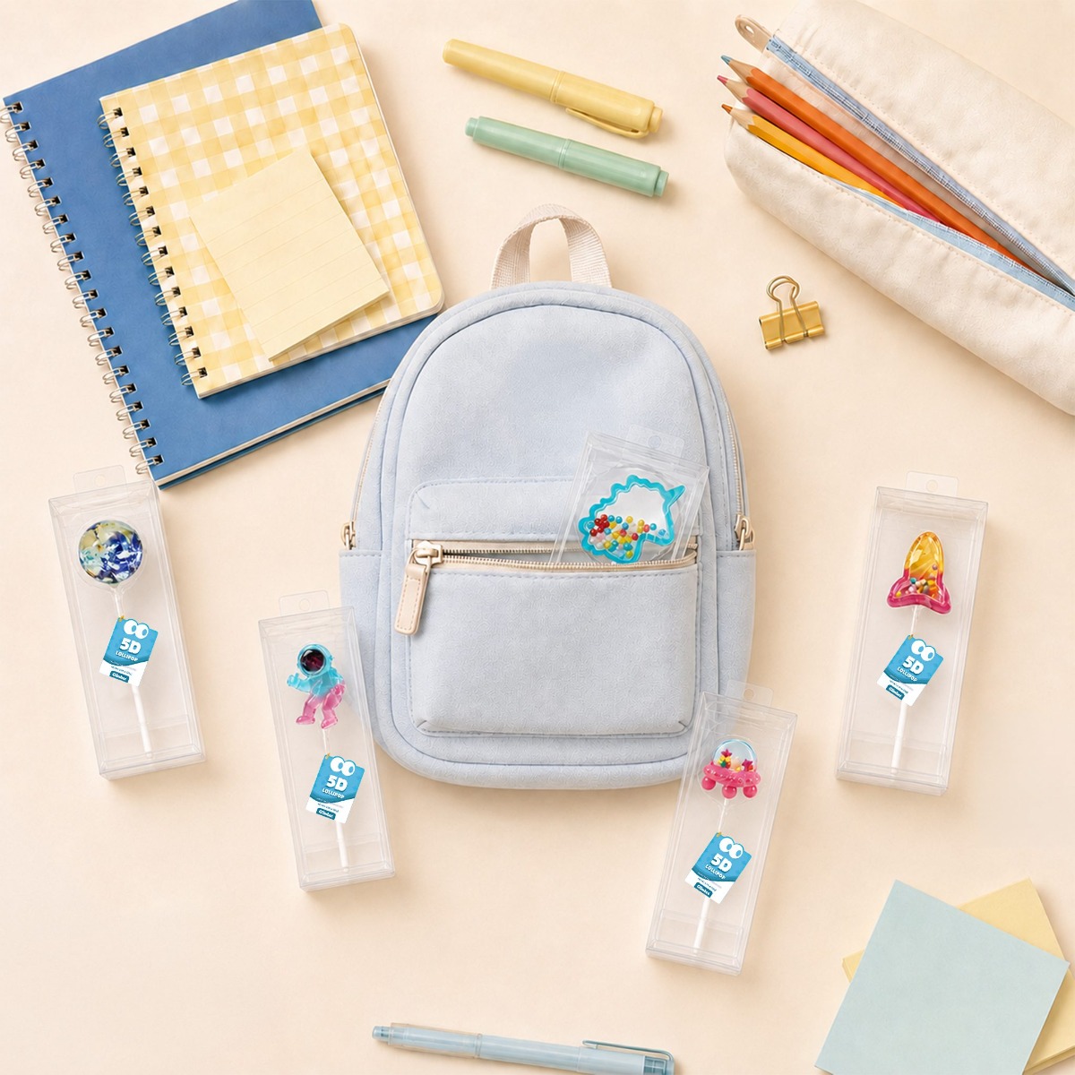 Glimboo Outer Space 5D lollipops arranged around a light blue school backpack with notebooks and stationery.