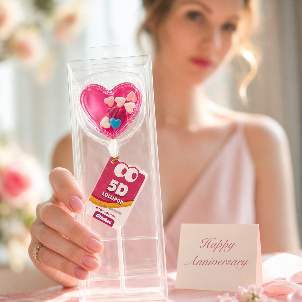 Glimboo Sweet Heart 5D heart-shaped lollipop in clear packaging held beside a Happy Anniversary card.
