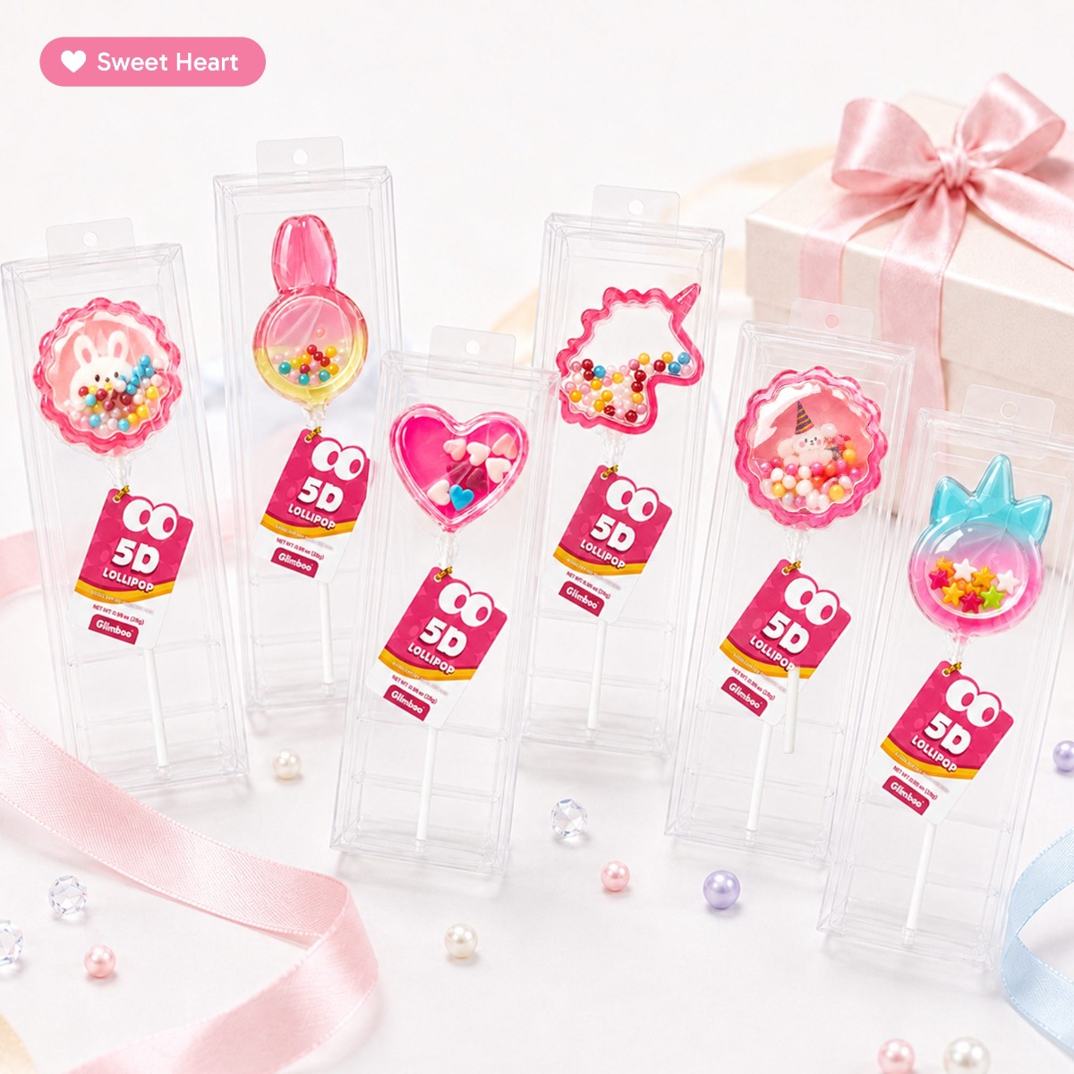 Glimboo 5D Art Lollipop Sweet Heart collection in clear packages.