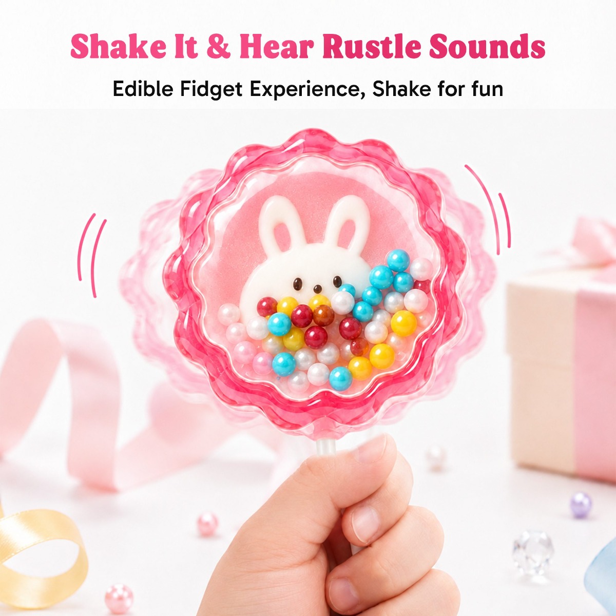 Close-up of a pink rabbit shaped Glimboo Sweet Heart 5D lollipop with a white bunny and colorful candy pieces inside.