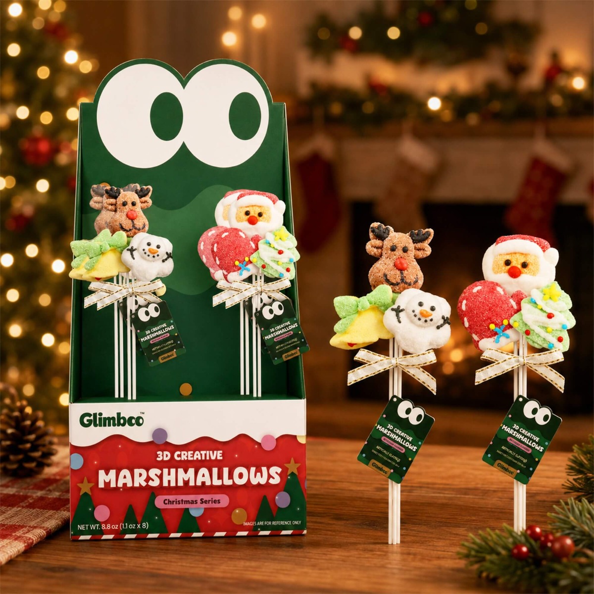 Glimboo Xmas Party Series 3D creative marshmallows displayed with reindeer, snowman, Santa, and Christmas tree shapes by a fireplace