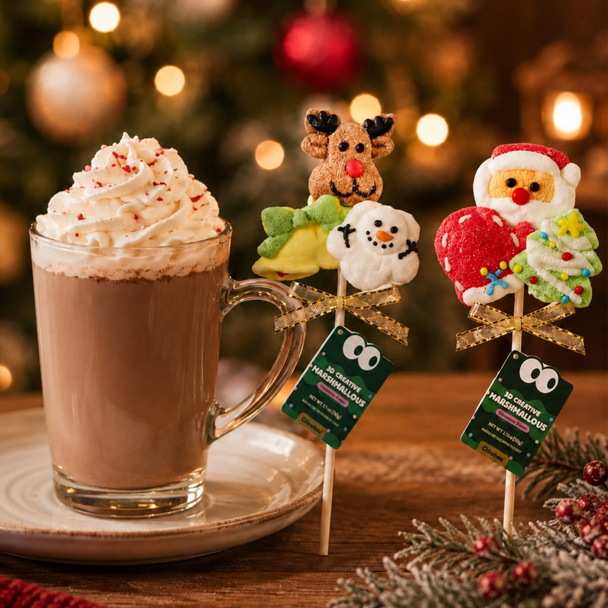 Glimboo Xmas Party Series 3D creative marshmallows featuring reindeer, snowman, and Santa with a Christmas tree beside hot cocoa