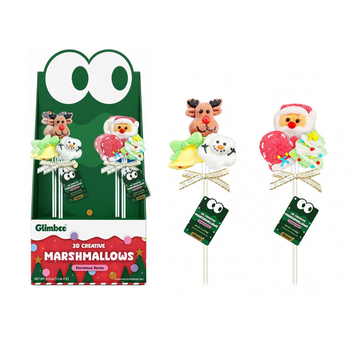 Glimboo Xmas Party Series 3D creative marshmallows in Christmas display packaging with reindeer, snowman, Santa, and tree shapes