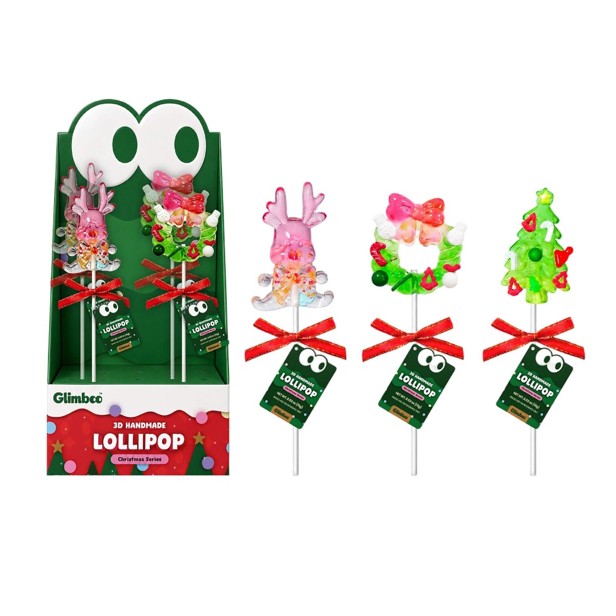 Glimboo Crystal Xmas Series handcrafted 3D art lollipops in Christmas display packaging with reindeer, wreath, and tree designs
