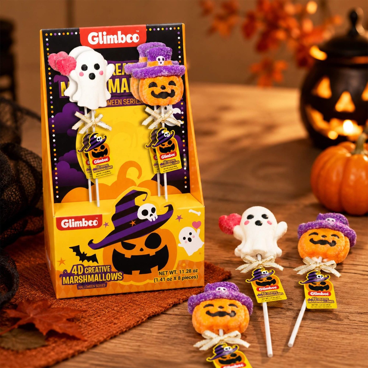 Glimboo Ghostie & Pumpkin Halloween Series 4D creative marshmallows styled with a ghost, jack-o'-lantern, and Halloween display box