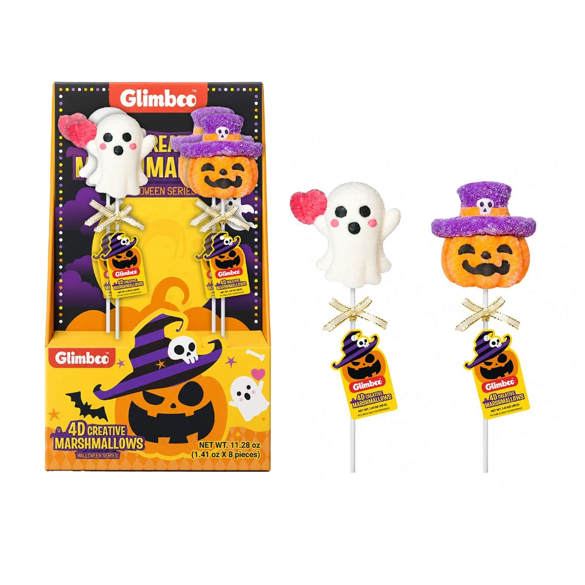 Glimboo Ghostie & Pumpkin Halloween Series 4D creative marshmallows in retail display packaging with ghost and pumpkin shapes