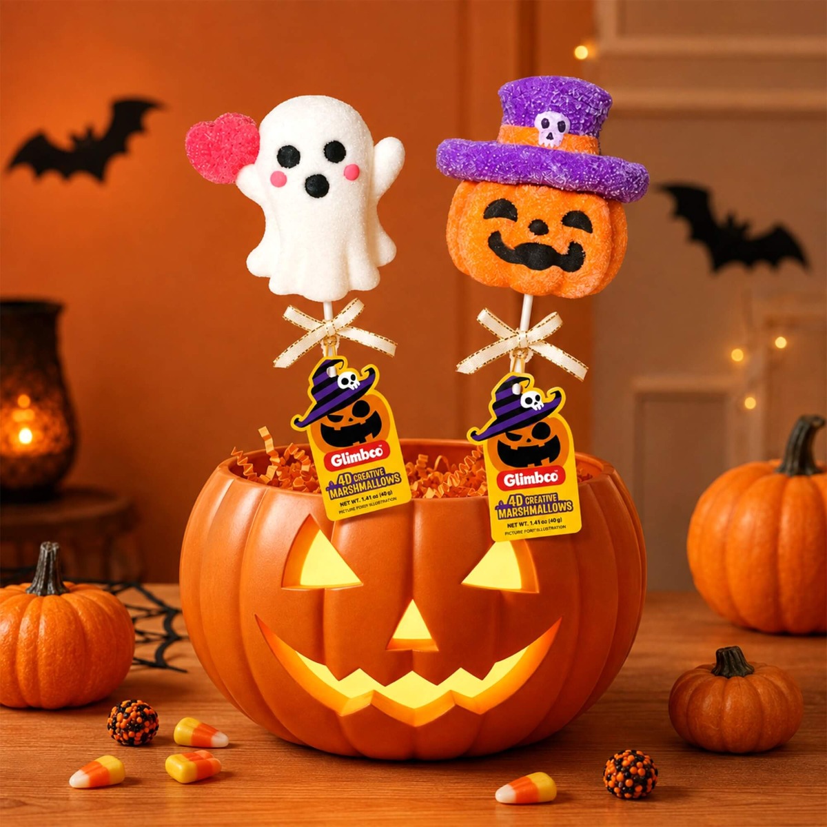 Glimboo Ghostie & Pumpkin Halloween Series marshmallow pops featuring a ghost and pumpkin in a jack-o'-lantern Halloween display