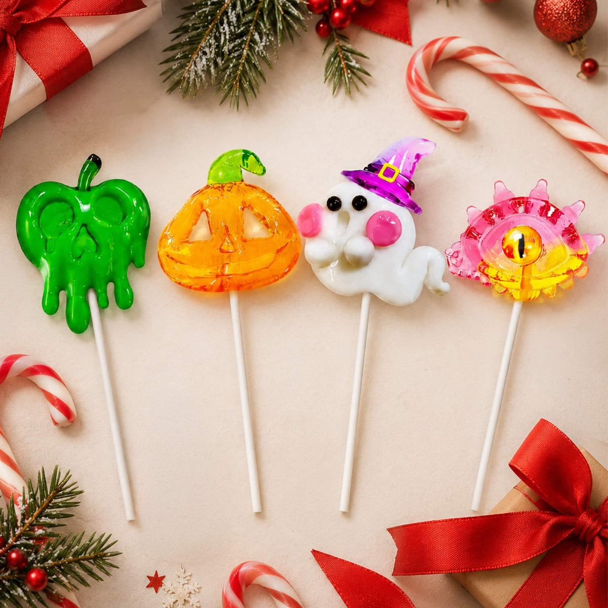 Glimboo Halloween Series handcrafted 3D art lollipops arranged flat lay with green apple, pumpkin, ghost, and eye candy shapes