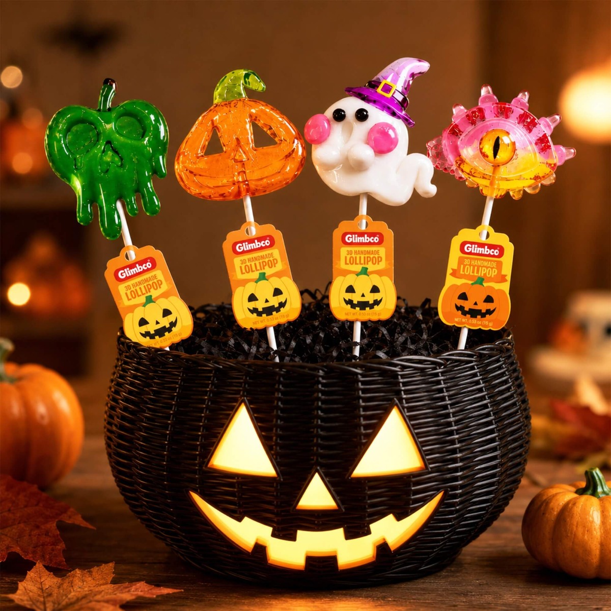 Glimboo Halloween Series handcrafted 3D art lollipops displayed in a pumpkin basket with pumpkin, ghost, and eye designs