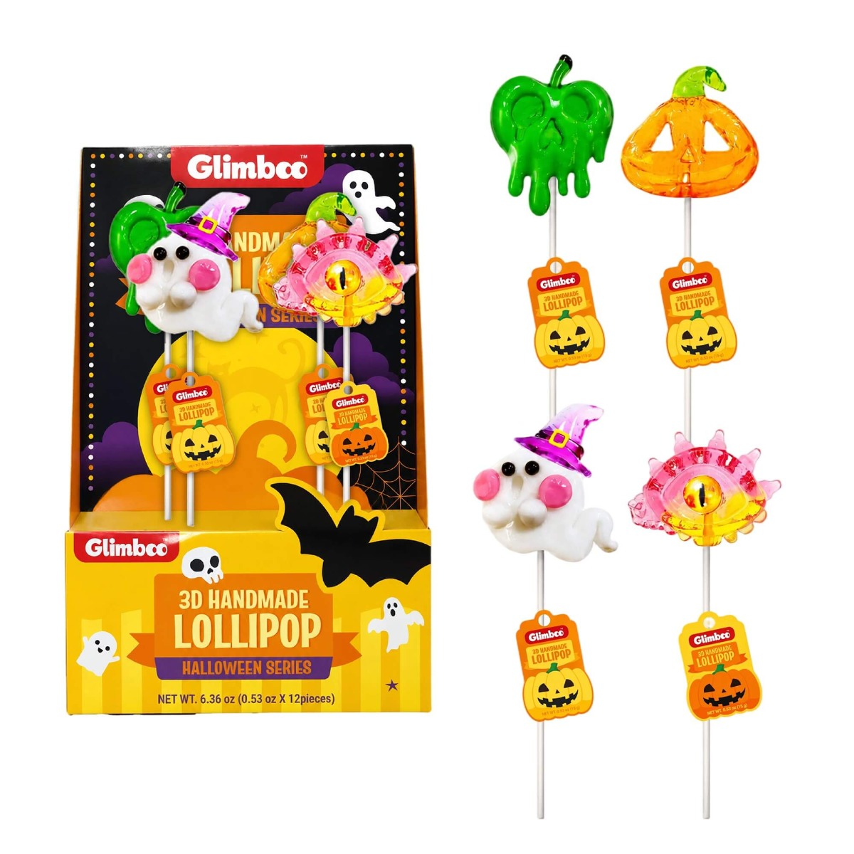 Glimboo Halloween Series handcrafted 3D art lollipops in retail packaging with pumpkin, ghost, and witch hat designs