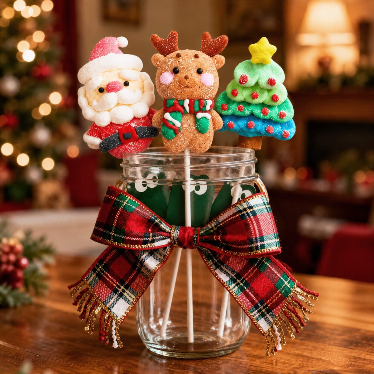 Glimboo Large Xmas Series 3D creative marshmallows styled as Santa, reindeer, and Christmas tree pops in a festive holiday display