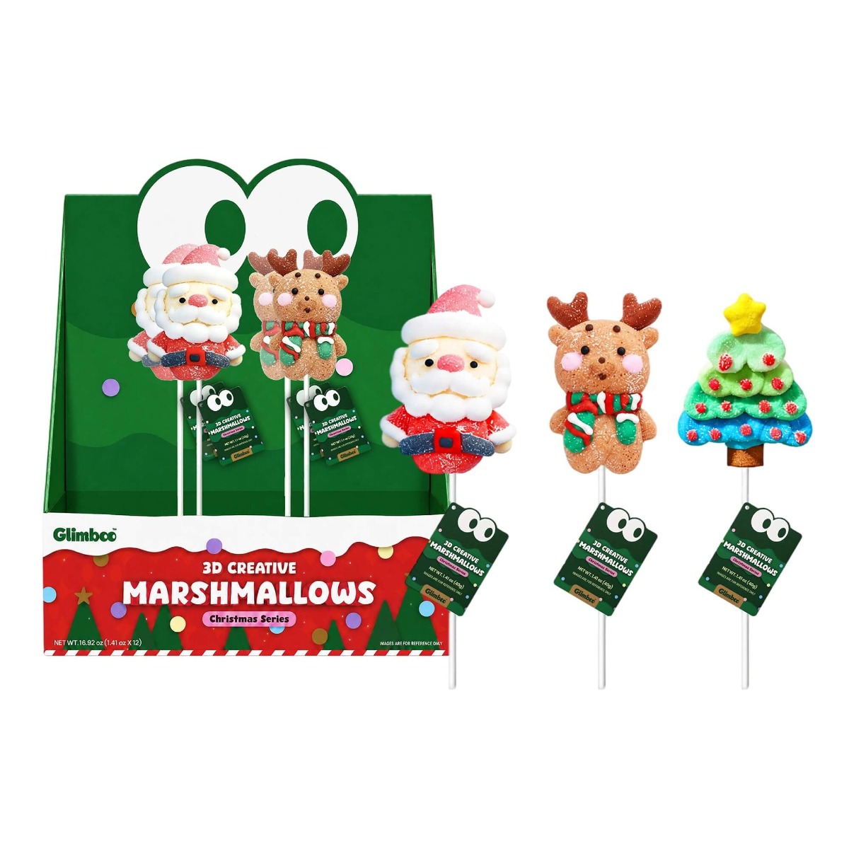 Glimboo Large Xmas Series 3D creative marshmallows in Christmas display packaging with Santa, reindeer, and Christmas tree shapes