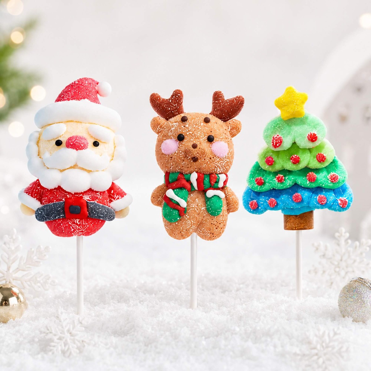 Glimboo Large Xmas Series 3D creative marshmallows featuring Santa, reindeer, and Christmas tree shapes on a snowy background