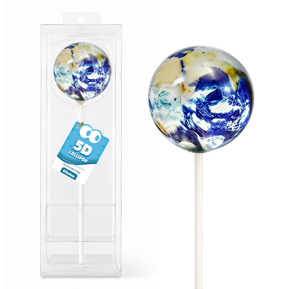 Glimboo handcrafted 5D art lollipop in a planet design, shown packaged with a close-up, Outer Space Series.