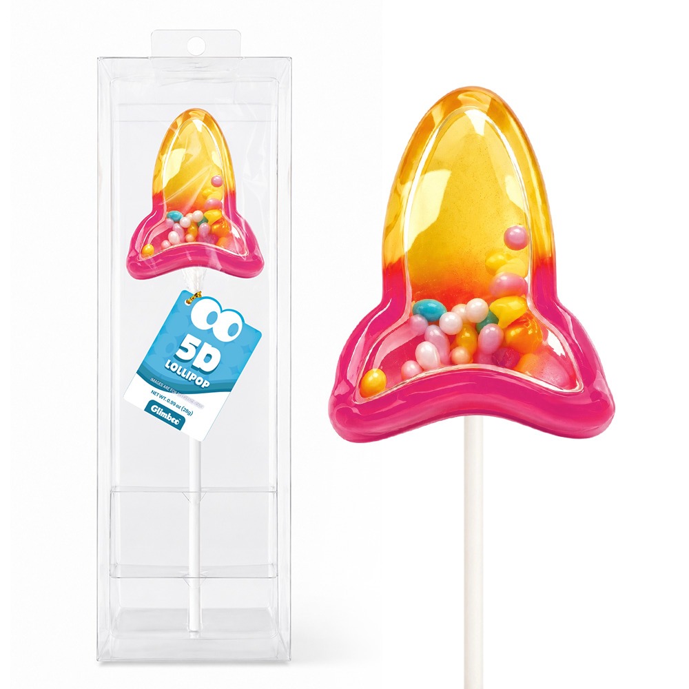 Glimboo handcrafted 5D art lollipop in a rocket design, shown packaged with a close-up, Outer Space Series.